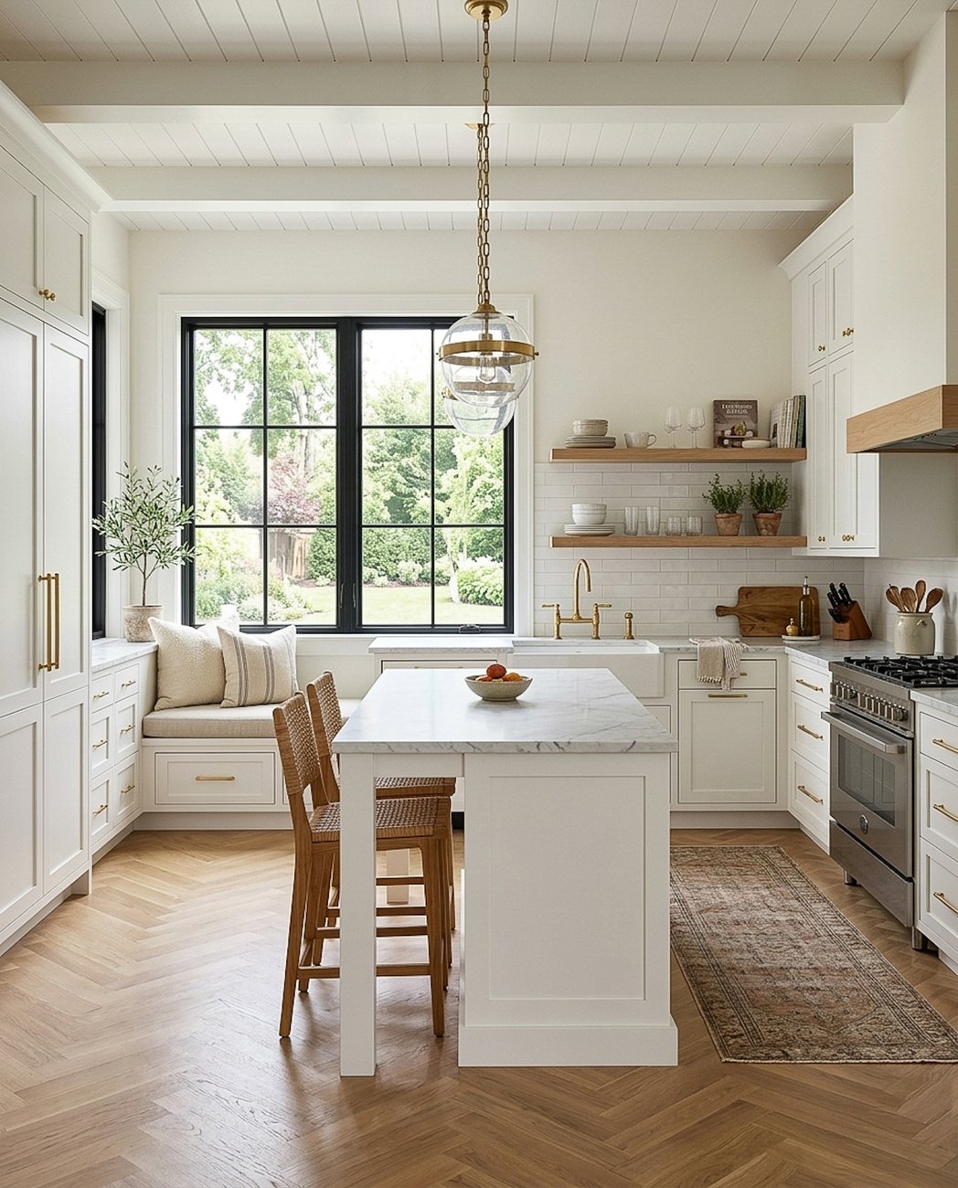 Custom kitchen with marble island, banquette seating, and herringbone floors by Legacy Building Group